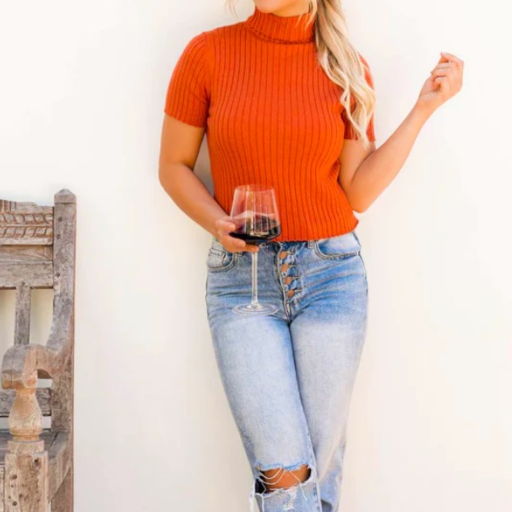 OLSEN EUROPE Orange Ribbed Wool Blend Short Sleeve Turtleneck 90’s Large